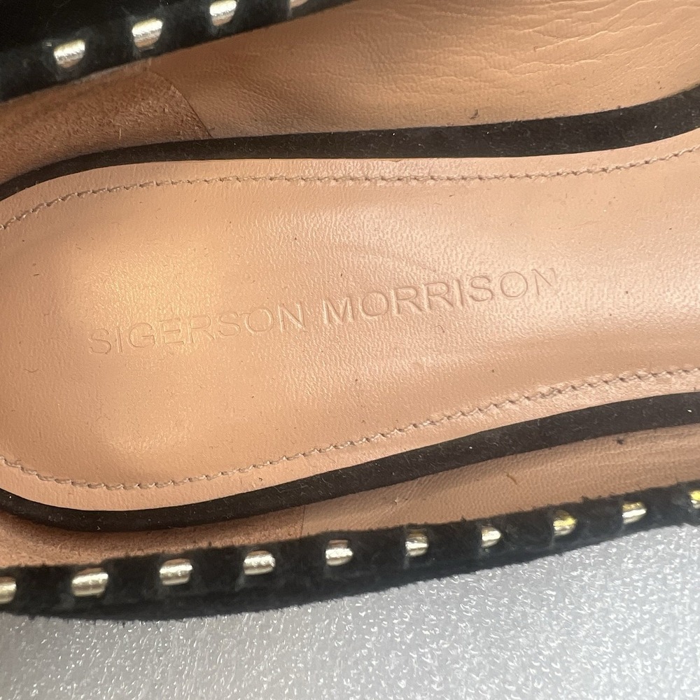 Belle Sigerson Morrison Black suede Flat Ballerina ANKLE Strap Gold Trim Sz 10 - Picture 5 of 13